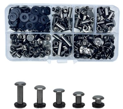 KUKUJIWA 80 Set Rivetti a Vite,Vite di Rilegatura Rivetti,M5*5/8/10/12/15 mm Viti Testa Tonda Croce Chicago per Rilegatura,Viti Chicago di ricambio in Metallo per Borse, Libri,chiodi(Nero lucido)