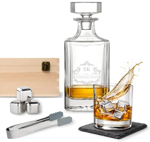 LOOXIS Personalisiertes Whisky Geschenkset mit Namen & Motiv graviert - 1x 300ml Whiskyglas, 700ml Karaffe, 1x Edelstahleiswürfel- Geschenkidee Männer, Vatertag, Weihnachten - Geschenkset 1, Motiv 1