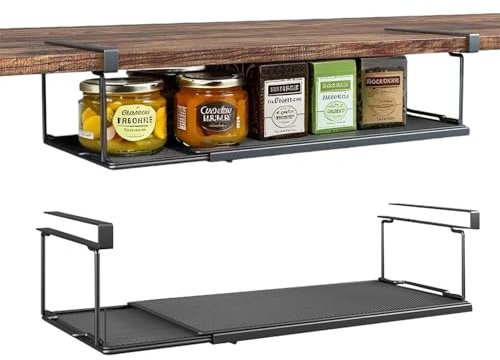 Pinkgarden Cesta colgante extensible de metal, estante inferior, cesta de almacenamiento, cesta colgante para estantería, sin agujeros, para cocina, armario, oficina y despensa (negro, estándar)