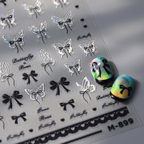 JMEOWIO 3D Fiocco Bianco Nero Farfalla Adesivi Unghie Nail Art, Stickers Unghie Autoadesivi 5D Decorazioni Unghie Nail Art Disegni 1 Fogli