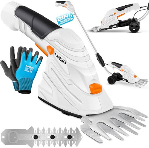 MASKO® Juego de tijeras de césped con batería de 7,2 V 2000 mA/h, cortasetos, cortasetos, incluye cargador, guantes, cuchillo de césped, cuchillo para arbustos y mango telescópico de 90 – 130 cm con