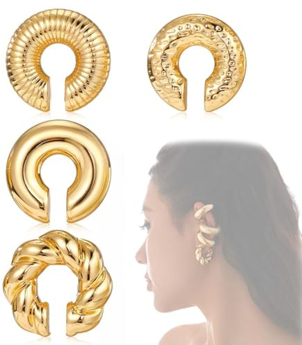 LAKJUOZ 4 Pièces Ear Cuff Boucles D'Oreilles Chunky Acier Inoxydable En Or Pour Femmes Non Piercing Hypoallergénique Filles Boucles D'Oreilles En Acier Inoxydable Bijoux Cadeau