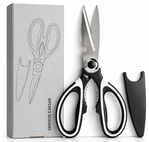 Forbici da cucina professionali in acciaio inox 304 multiuso con apribottiglie, adatte per carne, pesce e verdure, manico ergonomico antiscivolo e perno rinforzato.