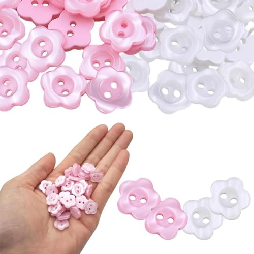 100 Pcs 2 Hole Flower Resin Button,12 MM Flower Button,Pearlescent Buttons,Buttons for Baby Cardigans,for Baby and Kids Knitting Cardigans,for Handmade Sewing Knitting Dolls Crafting(White,Pink).