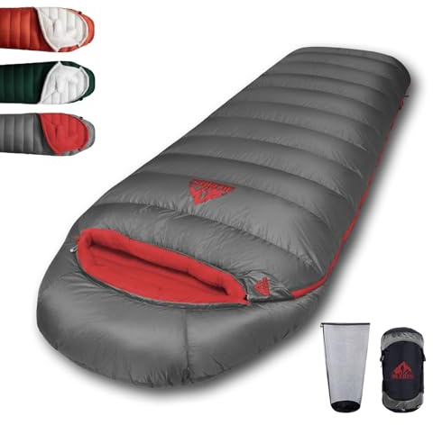 BUERTS down sleeping bags for adults, Premium 680FP Down Fill Cold Weather Sleeping Bag, Perfect for Camping, Hiking and Traveling, Includes Compression Sack. (-4℃, Gray)