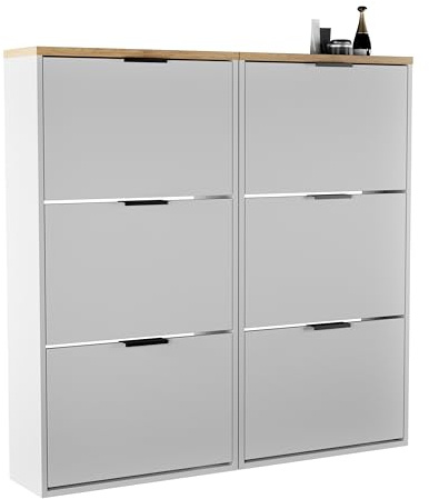 Planetmöbel 2 x Meuble à Chaussures étroit avec 3 Portes, étagère à Chaussures Peu encombrante avec 6 tablettes, Rangement Chaussures pour entrée, Couloir, vestiaire 60 x 23 x 118 cm, Blanc Gris