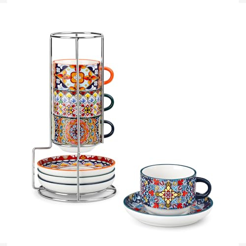 vancasso SIMI Espresso Cups Set of 4, 2.5oz/75ml Cup and Saucer Set, Porcelain Coffee Cups with Metal Stand, Microwave & Dishwasher Safe, Cappuccino Cup Suitable for Tea, Espresso, Latte