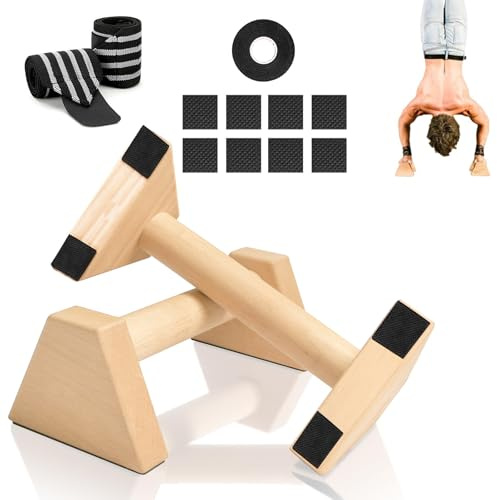 Push Up en Bois, 2 Pièces Poignées de Pompes Parallèles en Bois, Barre de Pompes Massif, avec 1 Ruban Adhésif et 1 Paire Bracelets, pour Fitness, Gymnastique, Aérobic, Entraînement du Haut du Corps