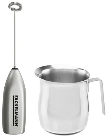 Fackelmann Set Montalatte Portatile e Bollilatte in Acciaio Inox 215ml, Frullino Montacappuccino a Batteria con Frusta Inox per Bevande e Latte Caldo, Versalatte Lavabile in Lavastoviglie