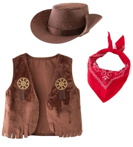 Deguisement Costume de Cowboy avec Bandana, Gilet et Chapeau pour Bebe Enfant Garçons, Brun Bébé Garçons Cowboy Barboteuse Carnaval Tenues Western Combinaison Vêtements Ensemble Marron Carnaval