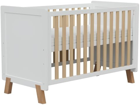 Lit pour bébé en bois 3-en-1, berceau, lit convertible avec barrière de dentition, base ajustable à 3 positions, garde-corps court et matelas inclus, pour bébés de 0 à 5 ans, conforme à la norme EN716