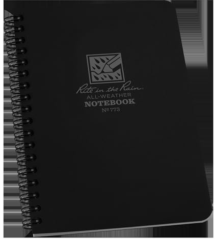 Rite In The Rain Waterproof Paper Side Spiral Notepad Black Polydura Cover 64 Pages 12 Sheets Imperial and Metric Rulers, 4 ⅝ x 7- Inch