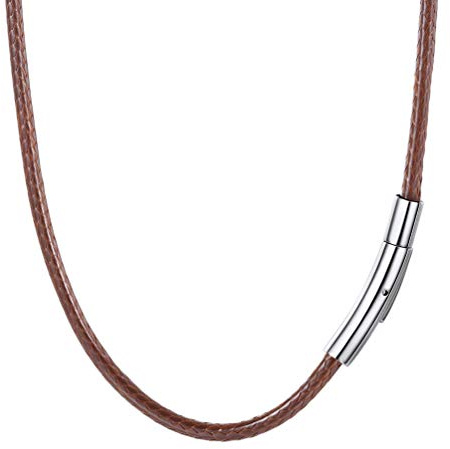 PROSTEEL Collar de Cuero Genuino para Hombre, Marrón 3mm Cadena de Cuero con Cierre de Acero Inoxidable Collar Básico, 46cm