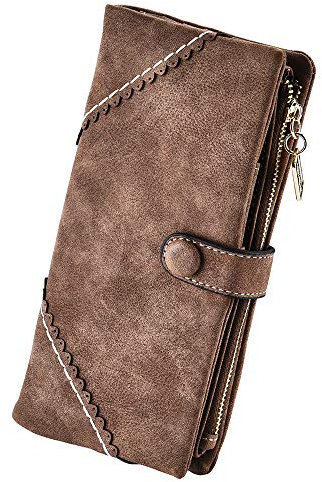 Bird&Fish Wallet for Women Soft Leather Bifold Trifold Ladies Wristlet Clutch Wallet, Purse Card Holder with ID Window Gifts for Women Birthday(Coffee)