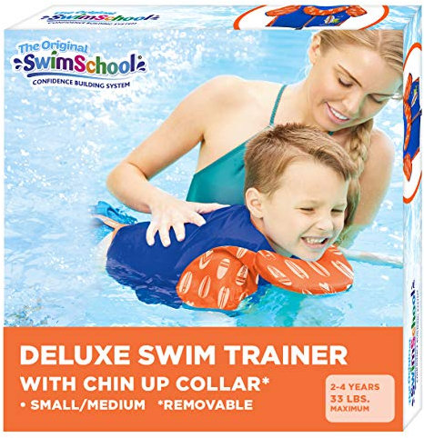 SwimSchool Swim Trainer - Small/Medium - Swim Vest with Shoulder Sleeves, Adjustable Safety Strap, and Removable Chin-Up Collar -Blue/Orange