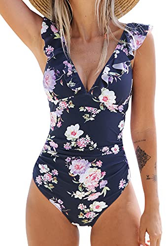 CUPSHE Damen Einteiler Badeanzug Rüschen V Ausschnitt Monokinis Blumenmuster Raffung Bauchweg Einteilige Bademode Swimsuit Marineblau/Blumen M