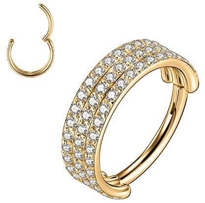 16G Triple Stacked CZ Daith Rings 316L Septum Clicker Ring Ear Cuff Helix Clicker Anello incernierato Orecchini a cerchio unisex Conch Tragus Cartilagine Piercing al labbro Gioielli 8mm Oro