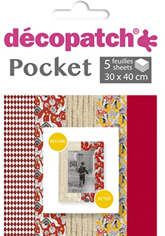 Décopatch - Ref DP027C - Pocket Papers - Yellow & Red Designs - Contains 5 Complementary Sheets of Décopatch Paper, Each Sheet is 30 x 40cm, Small 13 x 9.5cm Pack Size