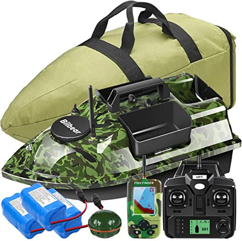 Bilbear GPS Köderboot Futterboot mit Echolot und GPS Köderlieferboot Karpfenfischen Angelköderboot,Fischfinder mit Sonarsensor,Ersatz-Akku,Handtasche (Camo Boot mit Fischfinder)