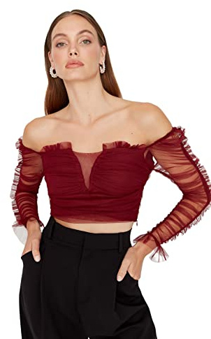 Trendyol Woman Slim Off-Shoulder Carmen Collar Woven Blouse Chemise, Burgundy, 40 Femme