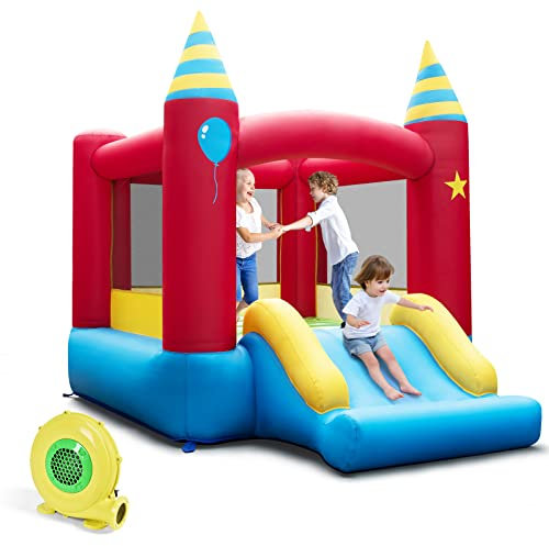 COSTWAY Castello Gonfiabile per Bambini, Casa Gonfiabile con Scivolo, con Borsa di Trasporto, Soffiatore e Kit di Riparazione, per 3 Bambini di 3-12 Anni, 190 x 260 x 205cm