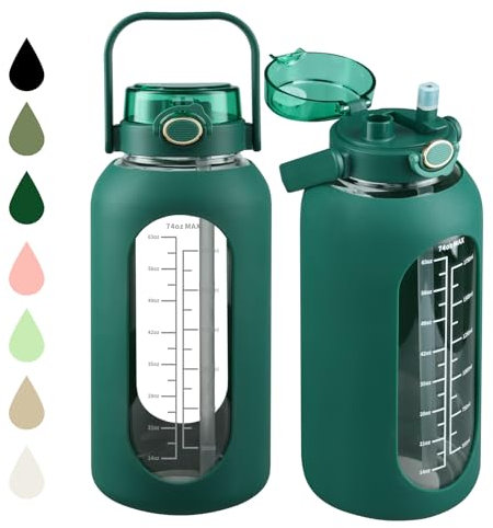 SIEROZUR 74oz Glass Water Bottle with 2-in-1 Straw Lid Large Gallon Water Bottle with Time Marker & Removable Silicone Sleeve,Wide Mouth BPA-Free Borosilicate Bottle for Gym, Workout & Daily Use