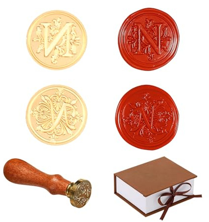 Comealltime 2 stycken retro alfabet sigillvaxstämplar, A~Z initialer vaxstämplar med trähandtag, vintage 26 bokstäver 25 mm avtagbart mässingshuvud för invitations kort gift wrapping Decor(Letter N)