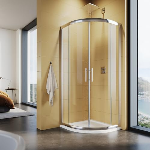 SUNXURY Duschkabine 90x90cm Modern Runddusche mit Schiebetür Viertelkreisdusche Radius 55cm Chrom Komplettdusche aus 5mm Sicherheitsglas (ESG) Höhe 185cm Ohne Duschtasse