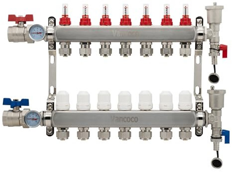 VANCOCO Heizkreisverteiler Edelstahl für 7 Heizkreise mit Eurokonus 3/4 (16 x 2 mm), Fußbodenheizung Verteiler mit Durchflussmesser, Schnellentlüfter Set, 1 Kugelhähne und Klemmringverschraubung