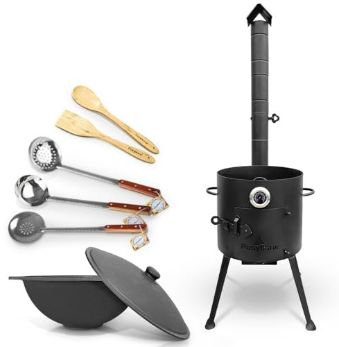 Utschak Uchag Feuerofen Ø 36 cm 2 mm Stahl mit Usbekische Kazan flacher Boden 10 L Schaumlöffel für Plov Holzlöffel Schöpfkelle Казан Учаг Kasan Asia (Set 5)