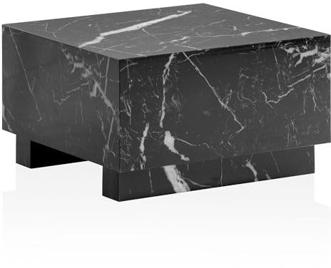Wohnling Couchtisch MONOBLOC 60x60x35 cm Schwarz Hochglanz mit Marmor Optik, Wohnzimmertisch Cube Quadratisch, Design Sofatisch, Lounge Kaffeetisch Würfel-Form