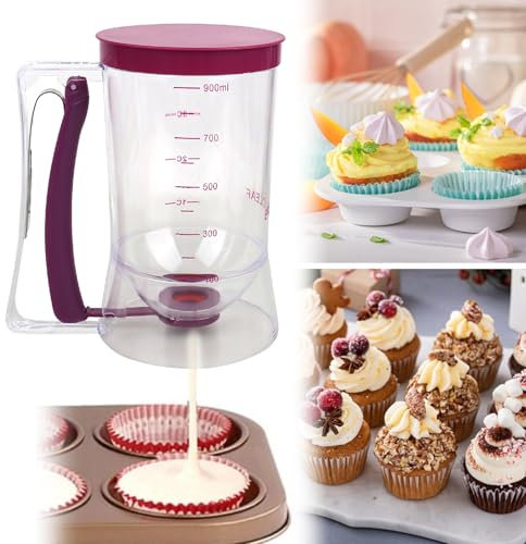 elthmpr Teigportionierer mit Muffinförmchen Papier 100 Stück - Kuchen Teigspender 900ml Portionierer Teig Kuchen mit Deckel & Skala Crêpes Maker für Muffins Waffeln