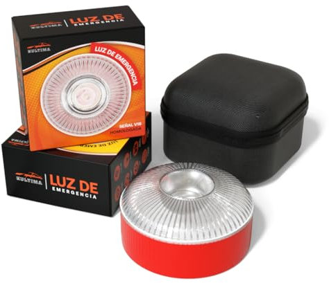 KULTIMA® Luz V16 Homologada DGT de Emergencia para Coches y Motos con una Funda. Avería (1 Km Visibilidad) Baliza Luz Naranja Intermitente y Blanca Fija Base Imantada (ROJA)