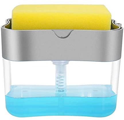 Dish Soap Dispenser, Upgrade 2 in 1Kitchen Soap Pump Dispenser and Sponge Holder, Plastic Dishwashing Liquid Dispenser with Silicone Drain Pad, Sink Countertop Organizer - 13 Ounces