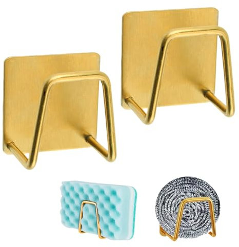 MOROBOR Lot de 2 porte-éponges adhésifs en acier inoxydable pour évier, savon, éponge, support antirouille de qualité supérieure, accessoires de cuisine/doré