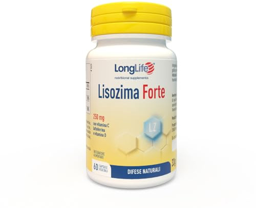 LongLife® Lisozima Forte 250mg | Lisozima idrolizzato di albume d'uovo, vitamina C, lattoferrina e vitamina D-3 | Sistema immunitario | Capsule gastroresistenti | Vegetariano e senza glutine