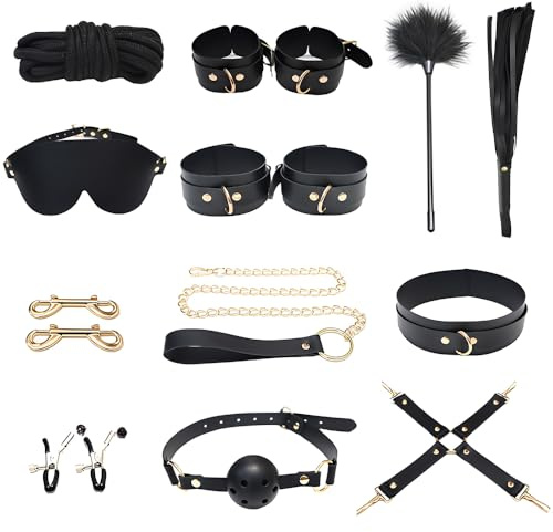 Qcpuuu Kit Bondange Per Coppie, 12 Pezzi Bondagerie Accessori Con Benda Manette Polsini per Le Gambe Morsetti per Capezzoli Bavaglio a Palla Solletico Frusta Corda Collare Fibbia a Croce Fibbia, Nero