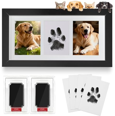 SahCognitual Set Impronta Zampa Cane e Gatto, Regalo per Cani con 2 Cuscinetti Inchiostro 4 Carte, Set Impronte Neonato con Cornice di Legno, Kit Calco Baby 0-6 Mesi, Tripla Cornice, Nero