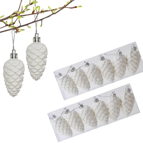 YIEUR 12 stycken grankottar jul, konst adventskrans, tallkottar, julkottar, ornament plast, julgran, hänge, grankottar, dekoration, jul (vit)