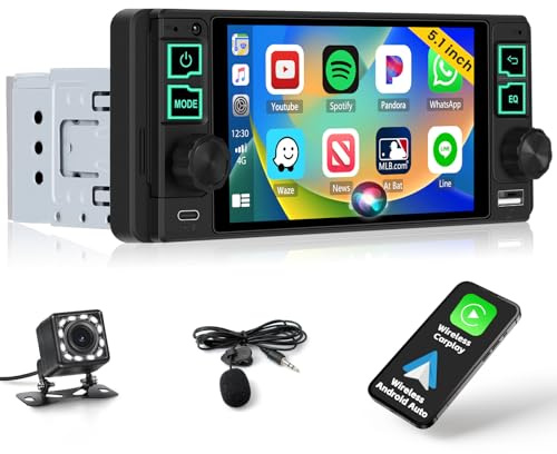 Inefala Autoradio 1 DIN med 5,1-tums trådlös skärm Carplay Android Auto Bluetooth-radio 1 DIN med Mirror Link FM-radio USB Type-C Backkamera Mic