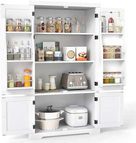 COSTWAY Armario Despensa para Cocina, Mueble Auxiliar de Cocina con 6 Estantes con Puertas y Estantes Ajustables en 5 Posiciones, Mueble de Almacenaje para Comedor y Salón, 77 x 40 x 139 cm, Blanco