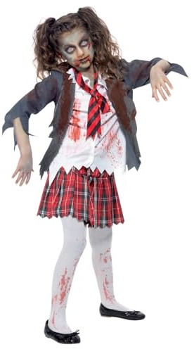 Smiffys Disfraz de colegiala zombi, Gris, con falda, chaqueta, falsa camisa y corbata