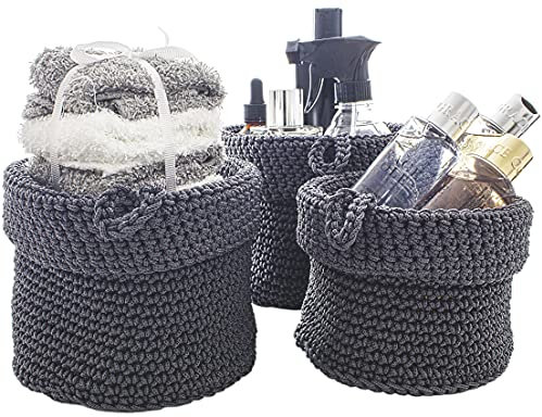 Round Storage Baskets, Set of 3, Grey, Fabric Basket Organisers, Woven Knitted, Baskets, Grey, Woven Storage Rope Basket