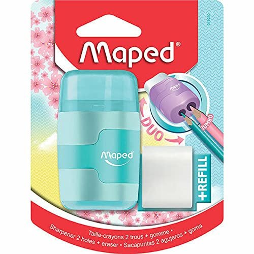 Maped Taille-Crayon Connect 2 Trous avec Gomme sans PVC + 1 Recharge Gomme Medium - Coloris Pastel Aléatoire Bleu, Violet ou Rose, 49230