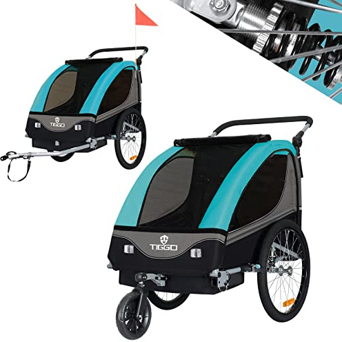 Barnsläpvagn cykelsläpvagn 2 i 1 släpvagn barncykelsläpvagn med buggy set + fjädring BT605 (BLAU)