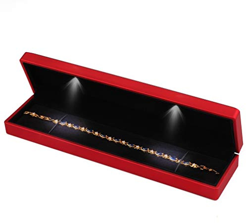 iSuperb LED Light Necklace Long Chain Box Bracelet Display Case Jewelry Gift Boxes Red Wine Pendant Boxes for Wedding Anniversary Christmas Engagement