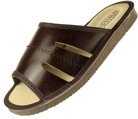 APREGGIO Pantofole Uomo in Pelle Estive - Suola in Gomma - Marrone Scuro 45 EU