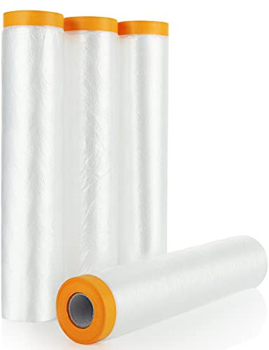 SENENQU 4 Rolls Plastic Dust sheets for Decorating, 2.4m x 20m Waterproof Masking Film Rolls, Pre-Taped Plastic Drop Film for Painting Furniture Covering