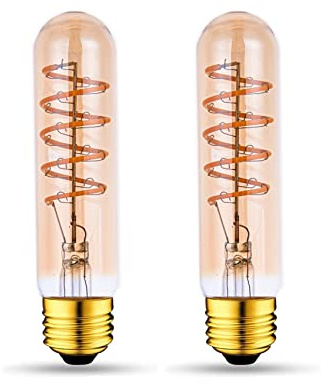 T10 LED Bulbs 40 Watt Equivalent 4W Dimmable Edison Tubular Light Bulb E26 Medium Base 2700K Warm White, T10 Vintage Amber Glass Spiral Filament LED Light Bulb, 2 Pack