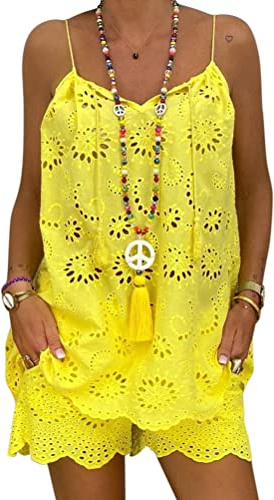 ORANDESIGNE Ensemble Femme Chic Et Elegant Ete Short Et Tee Shirt Intégré Vêtements 2 Pièces Uni Décontracté Costume Casual Tenue De Plage Boho Outfit Streetwear Survêtement Suit A Jaune M